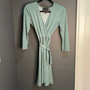 Leota blue and green patterned wrap dress